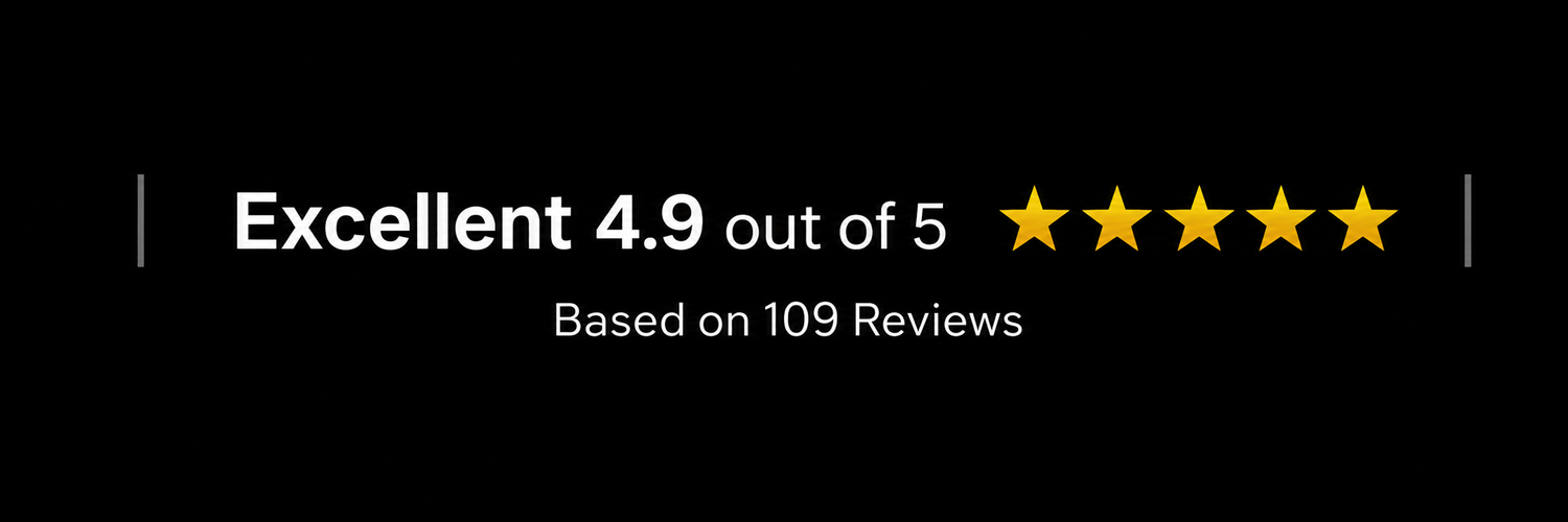 Five-star rating with 4.9 out of 5 stars based on 109 reviews on a black background